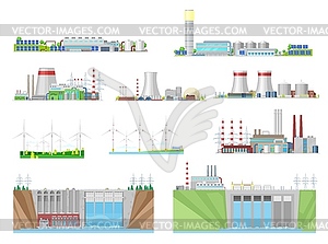 Power plant and energy station building icons - royalty-free vector image