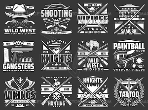 Weapon heraldic icons with guns, swords, rifles - vector image