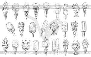 Ice cream cone, sundae dessert and stick sketches - vector clipart