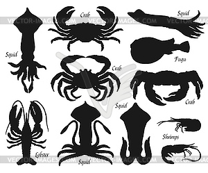 Sea animal, fish, seafood, shellfish silhouettes - vector image