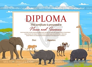 Kids diploma certificate template, african animals - vector clipart