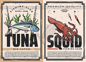 Fish and seafood fishing sport with tuna and squid - vector image