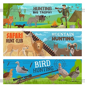 Hunting sport, hunter, gun, animal, bird banners - vector clipart