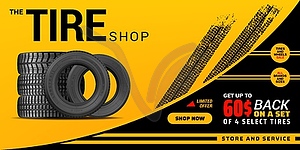 Tire shop, auto service and car wheel tyre store - vector image