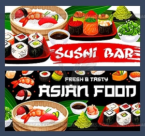 Japanese sushi rolls, nigiri, hosomaki and uramaki - vector clipart
