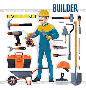 Builder with construction and house repair tools - vector clipart