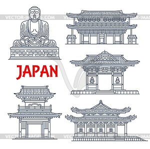 Japanese travel landmark, thin line pagoda, statue - vector image