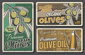 Olive branch and oil bottle retro banners of food - vector image