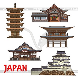 Japanese temples and castle, travel landmarks - stock vector clipart