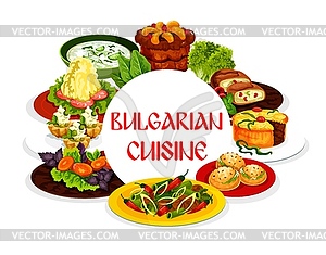 Bulgarian cuisine food, vegetable salad, meat stew - vector clip art