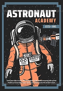 Astronaut, space station retro poster of astronomy - vector image