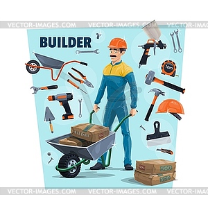 Builder, construction worker and tools - vector image