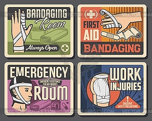 Bandage, emergency room medicine retro posters - vector EPS clipart