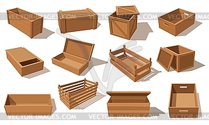 Wooden boxes, parcels for goods packaging - vector clipart