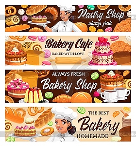 Desserts, cakes, bakery banners, baker shop - vector EPS clipart