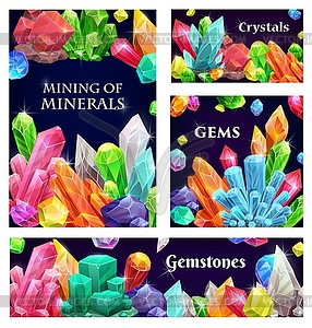 Хрустальные камни, драгоценные камни или кристаллизация минералов - графика в векторе