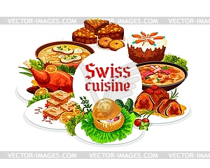 Swiss food cuisine dishes, round frame - stock vector clipart