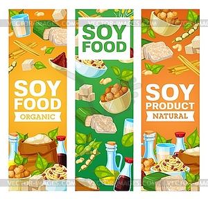 Soybean and soy vegan products, banners - vector clipart