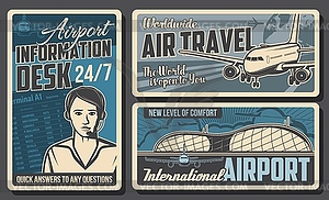 Airport information desk, airplane retro posters - vector clipart