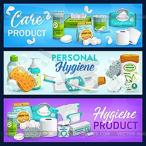 Hygiene, health care products banners set - vector clip art