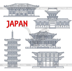 Japanese temples, shrines, Japan pagodas in Nara - vector image