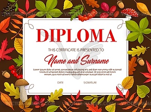 Kids certificate with autumn leaves and mushrooms - stock vector clipart