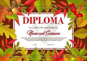 Kids diploma with autumn leaves oak, birch, rowan - vector image