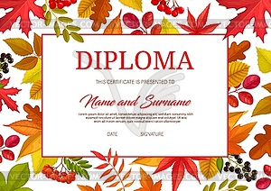 Kids certificate with autumn leaves and berries - vector image