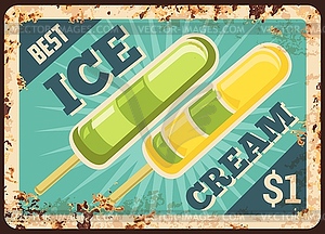 Fruit ice pop, juice ice cream rusty metal plate - vector clip art