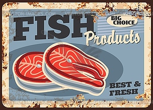 Salmon fish rusty metal plate, fish market menu - vector image