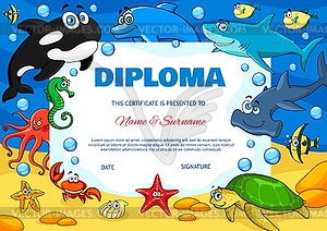 Education diploma with cartoon underwater animals - vector image