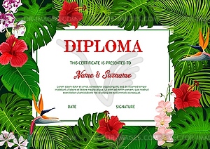 School diploma with tropical palm leaves - vector image