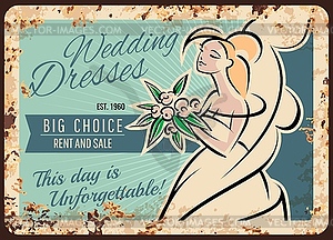 Wedding dress and bride shop metal rusty plate - royalty-free vector clipart