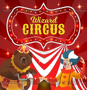 Circus performers poster clown and bear on bike - vector clip art