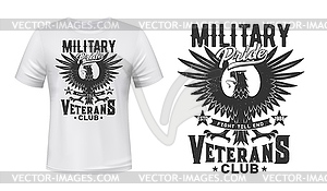 Eagle print t-shirt mockup, military veterans club - vector image