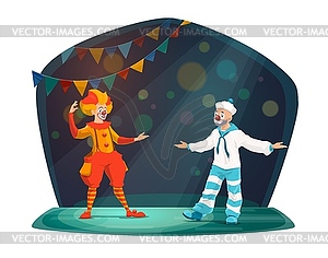 Big top circus clown performer characters on stage - vector clip art