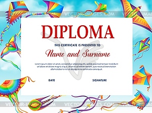 School diploma template with cartoon kites - vector clipart