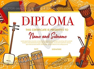 Education kids diploma with musical instruments - vector clipart