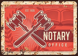 Notary office metal rusty plate, lawyer legal firm - vector clip art