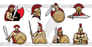 Спартанские воины, рыцари со шлемом и щитом - графика в векторном формате