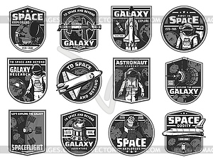 Outer space exploration, galaxy adventure icons - vector clipart