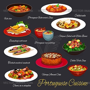 Portuguese cuisine food, Portugal restaurant menu - vector image