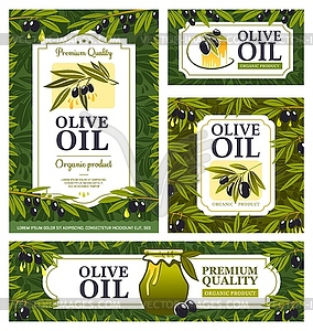 Olive oil posters, olives tree food bottle labels - vector image