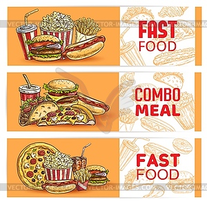 Fast food banners sketch burgers sandwiches, pizza - vector clipart