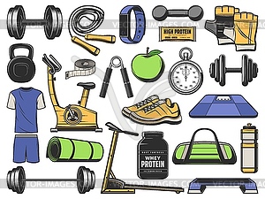 Fitness, gym objects, sport exercise equipment - vector image