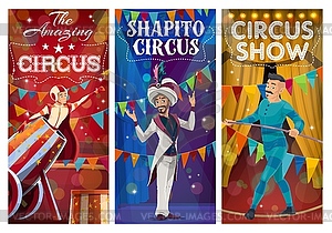 Top tent circus characters cartoon banners - vector image