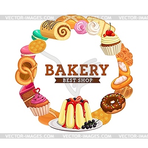 Cakes, bakery bread, chocolate pastry food menu - stock vector clipart