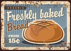 Round wheat bread rusty metal plate - vector clipart