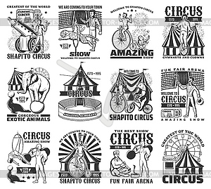 Big Top Circus performances engraved icons - vector clip art