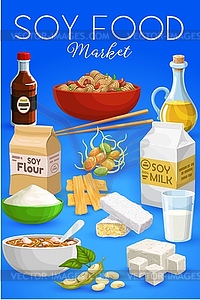 Соевые бобы соевые продукты мультяшный плакат - векторизованное изображение